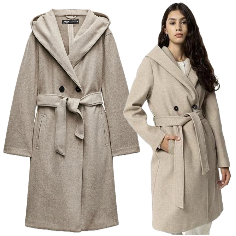 Zara Ecru Taupe Knit Hooded Belted Winter Coat